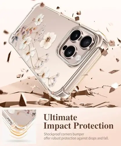Чехол GVIEWIN для iPhone 16 Pro Max с цветочным принтом, защитой экрана и объектива камеры, [не желтеющий] тонкий ударопрочный прозрачный защитный чехол для женщин, дизайн с цветочным узором 6,9 дюйма (Рокроза/Белый) - 3