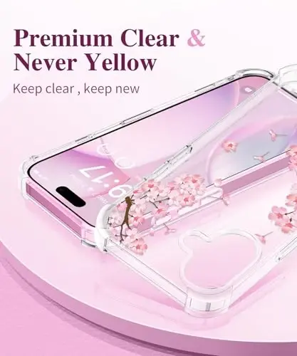 Чехол GVIEWIN для iPhone 16 с цветочным принтом, защитной пленкой для экрана и защитой объектива камеры, [не желтеющий] мягкий противоударный прозрачный защитный чехол для женщин, цветочный дизайн 6,1 дюйма (Сакура/Розовый) - 3
