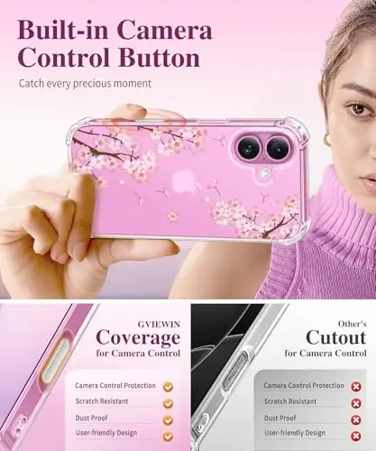 Чехол GVIEWIN для iPhone 16 с цветочным принтом, защитной пленкой для экрана и защитой объектива камеры, [не желтеющий] мягкий противоударный прозрачный защитный чехол для женщин, цветочный дизайн 6,1 дюйма (Сакура/Розовый) - 5