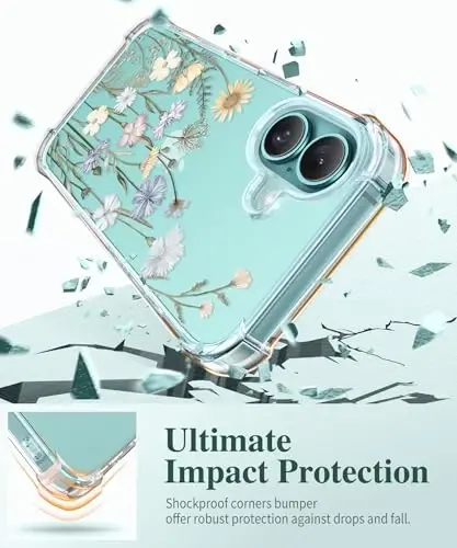 Чехол GVIEWIN для iPhone 16 с цветочным принтом, защитной пленкой для экрана и защитой объектива камеры, [не желтеющий] мягкий противоударный прозрачный защитный чехол для женщин, дизайн с цветочным узором 6.1