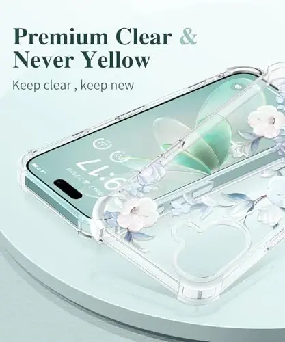 Чехол GVIEWIN для iPhone 16 с цветочным принтом, защитой экрана и объектива камеры, [не желтеющий] мягкий противоударный прозрачный защитный чехол для женщин, дизайн с цветами 6,1 дюйма (Гибискус) - 3