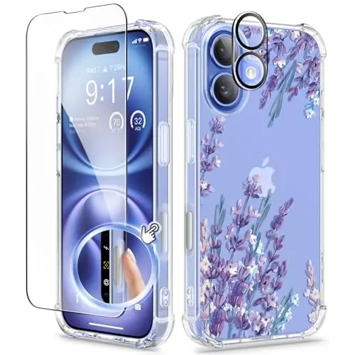 Чехол GVIEWIN для iPhone 16 с цветочным принтом, защитой экрана и объектива камеры, [не желтеющий] мягкий противоударный прозрачный защитный чехол для женщин, дизайн с цветами, 6,1 дюйма (светло-лавандовый/фиолетовый) 