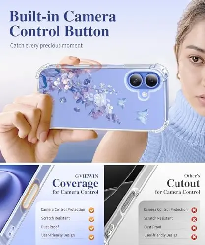 Чехол GVIEWIN для iPhone 16 с цветочным принтом, защитой экрана и объектива камеры, [не желтеющий] мягкий противоударный прозрачный защитный чехол для женщин, дизайн с узором цветов 6,1 дюйма (сирень/фиолетовый) - 5