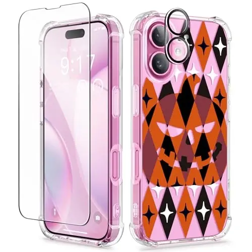Чехол GVIEWIN для iPhone 16 с цветочным принтом, защитой экрана и объектива камеры, [не желтеющий] мягкий ударопрочный прозрачный чехол для женщин, дизайн с цветочным узором 6,1 дюйма (тыква/оранжевый) - 1