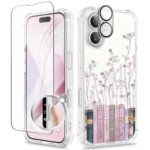 Чехол GVIEWIN для iPhone 16 с цветочным принтом, защитой экрана и объектива камеры, [не желтеющий] мягкий ударопрочный прозрачный защитный чехол для женщин, дизайн с цветами 6,1 дюйма (фиолетовый) - 2
