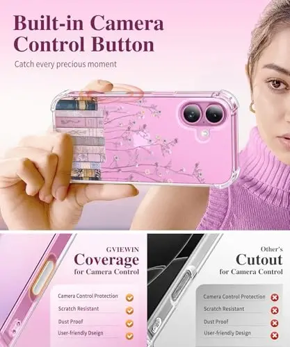Чехол GVIEWIN для iPhone 16 с цветочным принтом, защитой экрана и объектива камеры, [не желтеющий] мягкий ударопрочный прозрачный защитный чехол для женщин, дизайн с цветами 6,1 дюйма (фиолетовый) - 6