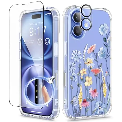 Чехол GVIEWIN для iPhone 16 с цветочным принтом, защитой экрана и объектива камеры, [не желтеющий] мягкий ударопрочный прозрачный защитный чехол для женщин, дизайн с цветочным узором 6,1 дюйма (аконит/светло-голубой) 