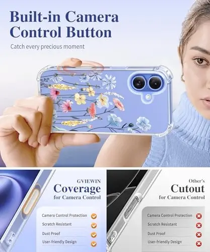 Чехол GVIEWIN для iPhone 16 с цветочным принтом, защитой экрана и объектива камеры, [не желтеющий] мягкий ударопрочный прозрачный защитный чехол для женщин, дизайн с цветочным узором 6,1 дюйма (аконит/светло-голубой) - 5