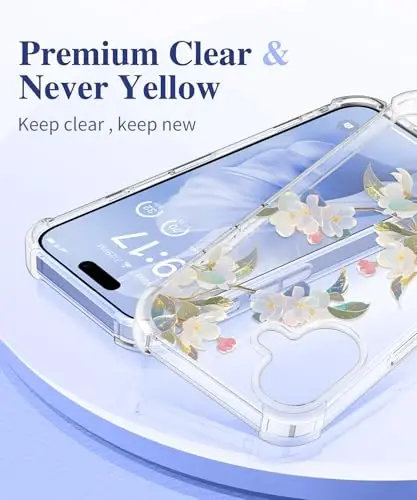 Чехол GVIEWIN для iPhone 16, с защитной пленкой для экрана и защитой объектива камеры, цветочный ударопрочный защитный бампер, тонкий мягкий прозрачный чехол для женщин 2024 6.1 дюйма (Цветение яблони/Белый) - 3