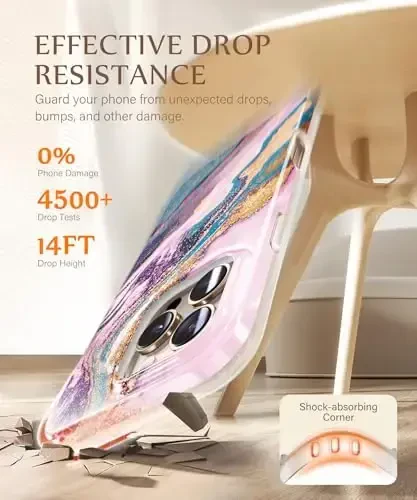 Чехол GVIEWIN Marble для iPhone 16 Pro, совместим с MagSafe, [с защитой экрана и камеры], ударопрочный, с магнитным креплением, для женщин (Dreamland River/фиолетовый) - 3