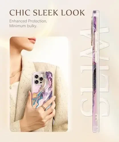 Чехол GVIEWIN Marble для iPhone 16 Pro, совместимый с MagSafe, [с защитной пленкой для экрана и защитой объектива камеры], ударопрочный чехол для женщин с защитой военного класса (перламутровый/золотой) - 4