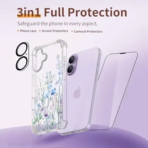 Чехол ilnehc для iPhone 17, [3 в 1] с защитным стеклом и защитой объектива камеры, с цветочным узором, прозрачный мягкий противоударный тонкий чехол для женщин и девочек 2025, 6,3 дюйма (Восточная лилия) - 6