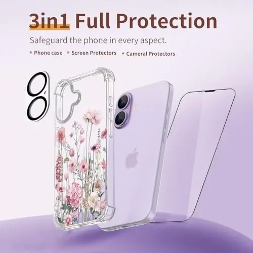 Чехол ilnehc для iPhone 17, [3 в 1] с защитным стеклом и защитой объектива камеры, с цветочным узором, прозрачный мягкий противоударный тонкий чехол для женщин и девочек, 2025 г., 6,3 дюйма (мальва/розовый) - 6