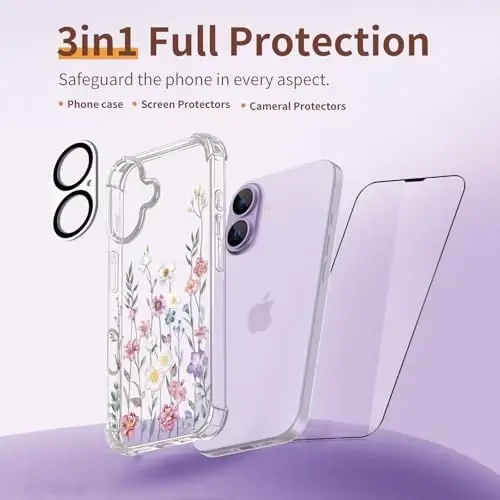 Чехол ilnehc для iPhone 17, [3 в 1] с защитным стеклом и защитой объектива камеры, с цветочным узором, прозрачный мягкий противоударный тонкий чехол с цветами для женщин и девочек 2025, 6,3 дюйма (Цветущие бутоны) - 6