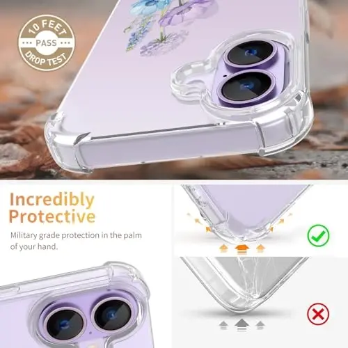 Чехол ilnehc для iPhone 17, [3 в 1] с защитным стеклом и защитой объектива камеры, с цветочным узором, прозрачный мягкий противоударный тонкий чехол с цветами для женщин и девочек 2025, 6,3 дюйма (Фиолетовый луг) - 3