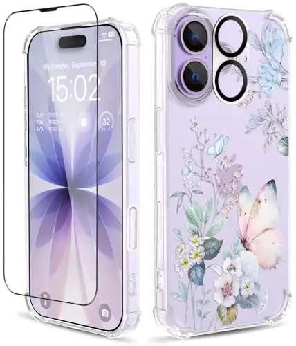 Чехол ilnehc для iPhone 17, [3 в 1] с защитным стеклом и защитой объектива камеры, с цветочным узором, прозрачный мягкий противоударный тонкий чехол с цветами для женщин и девочек 2025, 6,3 дюйма (Волшебная бабочка) 