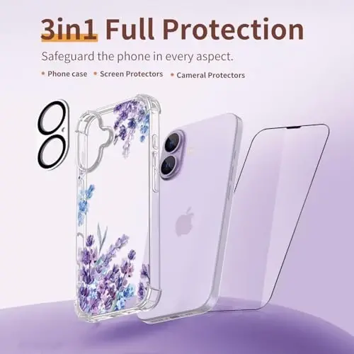 Чехол ilnehc для iPhone 17, [3 в 1] с защитным стеклом и защитой объектива камеры, с цветочным узором, прозрачный мягкий противоударный тонкий чехол с цветами для женщин и девочек, 2025 г., 6,3 дюйма (лавандовый/пурпурный) - 6