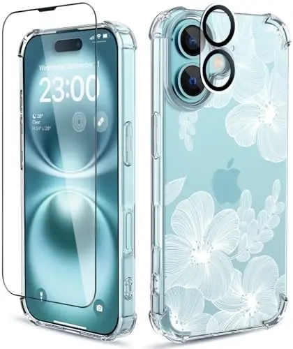 Чехол ilnehc için iPhone 16 Plus, [3 в 1] с защитным экраном и защитой объектива камеры, с цветочным узором, прозрачный мягкий ударопрочный тонкий чехол для телефона с цветочным принтом для женщин и девочек 2024 6.7