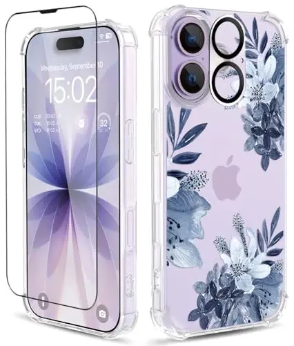 Чехол ilnehc için iPhone 17 Case,[3 в 1] с защитным стеклом и защитой объектива камеры, с цветочным узором, прозрачный мягкий противоударный тонкий цветочный чехол для телефона для женщин и девушек 2025 6.3