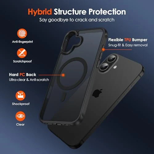 Чехол ivoler Magnetic для iPhone 16 6.1'' [Совместим с Magsafe] [Защита военного класса 15 футов] Магнитный чехол с зарядкой бампер для 16, матовый полупрозрачный задний чехол для телефона - матовый черный - 3