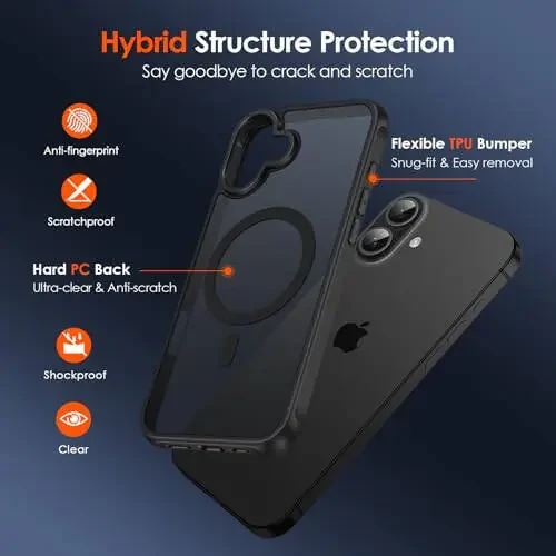 Чехол ivoler Magnetic для iPhone 16 6.1'' [Совместим с Magsafe] [Защита военного класса 15 футов] Магнитный чехол с зарядкой бампер для 16, матовый полупрозрачный задний чехол для телефона - матовый черный - 3