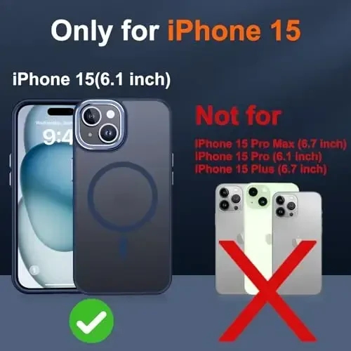 Чехол JAME для iPhone 15 с 2 защитными стеклами, совместим с Magsafe, противоударный, тонкий, синий. - 2