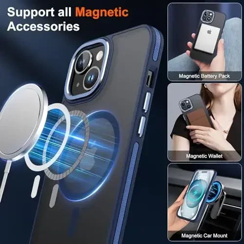 Чехол JAME для iPhone 15 с 2 защитными стеклами, совместим с Magsafe, противоударный, тонкий, синий. - 3