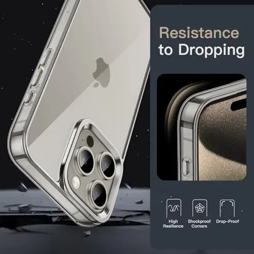 Чехол JETech для iPhone 15 Pro Max 6.7 дюйма, нежелтеющий ударопрочный бампер, защита от царапин, прозрачная задняя панель (натуральный титан) - 5