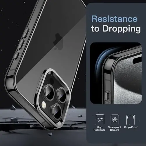 Чехол JETech для iPhone 15 Pro Max, 6,7 дюйма, ударопрочный бампер, не желтеющий, защита от царапин, прозрачная задняя панель (черный) - 5