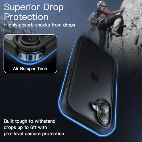 Чехол JETech Matte Case для iPhone 16 6,1 дюйма, ударопрочная военного класса защита от падения, матовая полупрозрачная задняя крышка телефона, антиотпечаток пальца (черный) - 4