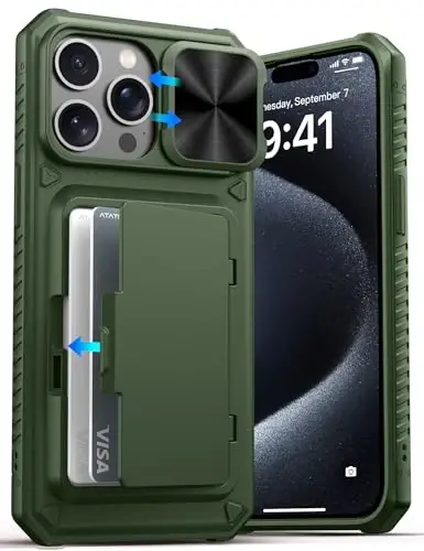 Чехол-кошелек ATATOO для iPhone 15 Pro Max, со встроенным держателем для карт (3-5 карт) и шторкой для камеры, армейская защита, ударопрочный зеленый 