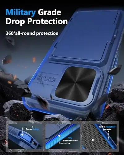 Чехол-кошелек ATATOO для iPhone 15 Pro, со встроенным держателем для карт (3-5 карт) и сдвижной крышкой камеры, армейская защита, прочный противоударный чехол для телефона для iPhone 15 Pro 6,1 дюйма, синий - 5