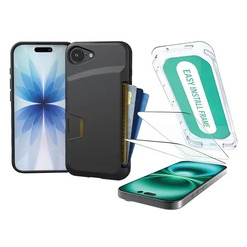 Чехол-кошелек Smartish® для iPhone 17e/16e + защитная пленка для экрана — [Тонкий + Защитный] Чехол для телефона с держателем для кредитных карт + 2 защитных стекла из закаленного стекла для Apple iPhone 17e/16e — Black Tie Affair 