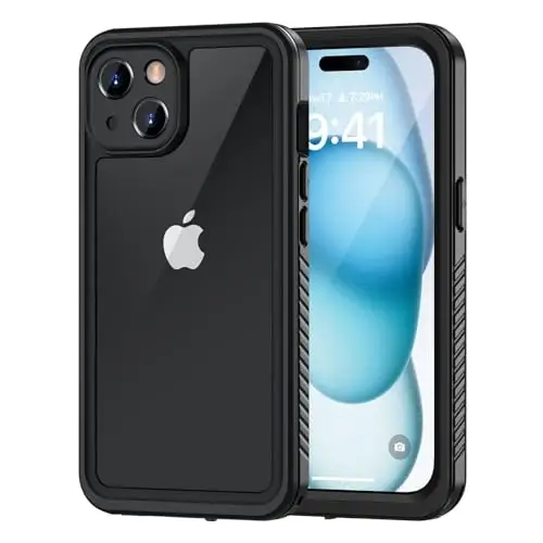Чехол Lanhiem для iPhone 15, водонепроницаемый, пыленепроницаемый, ударопрочный, с встроенной защитой экрана, прочный защитный чехол для iPhone 15 — 6,1 дюйма (черный/прозрачный) - LANHIEM