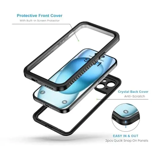 Чехол Lanhiem для iPhone 15, водонепроницаемый, пыленепроницаемый, ударопрочный, с встроенной защитой экрана, прочный защитный чехол для iPhone 15 — 6,1 дюйма (черный/прозрачный) - 3