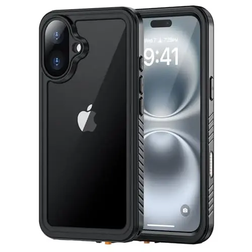 Чехол Lanhiem для iPhone 16 Plus, водонепроницаемый, пыленепроницаемый и ударопрочный чехол стандарта IP68 со встроенной защитной пленкой для экрана, 360-градусная полноразмерная прочная защитная крышка для телефона для iPhone 16 Plus — 6,7 дюйма (черный/прозрачный) - 1