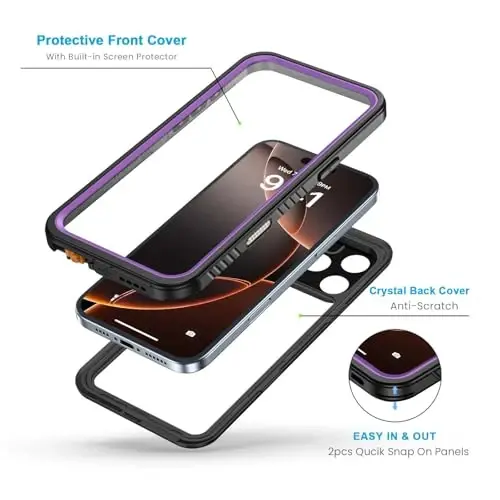 Чехол Lanhiem для iPhone 16 Pro Max, водонепроницаемый, пылезащитный и ударопрочный по стандарту IP68, со встроенной защитной пленкой, прочный корпус для защиты всего телефона для iPhone 16 Pro Max — 6,9 дюйма (фиолетовый) - 3