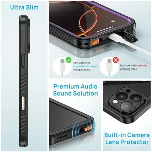 Чехол Lanhiem для iPhone 16 Pro Max, водонепроницаемый, пылезащитный и ударопрочный по стандарту IP68, со встроенной защитной пленкой, прочный корпус для защиты всего телефона для iPhone 16 Pro Max — 6,9 дюйма (фиолетовый) - 5