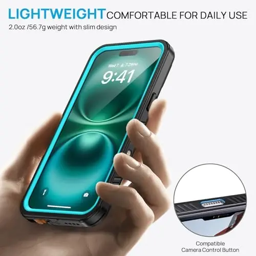 Чехол Lanhiem для iPhone 16 Pro, водонепроницаемый, пыленепроницаемый и ударопрочный IP68 со встроенной защитной пленкой для экрана, полнокорпусный прочный защитный чехол для iPhone 16 Pro - 6,3 дюйма (синий) - 4