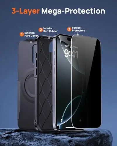 Чехол Lanhiem Magnetic для iPhone 16 Pro Max с защитным стеклом для конфиденциальности [совместим с MagSafe], ударопрочный военный защитный чехол для iPhone 16 Pro Max (черный) - 3