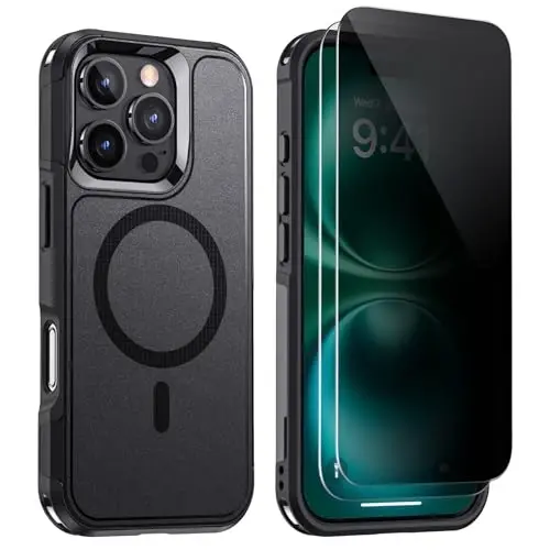 Чехол Lanhiem Magnetic для iPhone 16 Pro, с [2 шт. защитных экрана с защитой от подглядывания] [Совместимо с MagSafe], ударопрочный тяжелый защитный чехол военного класса для iPhone 16 Pro (черный) - 1