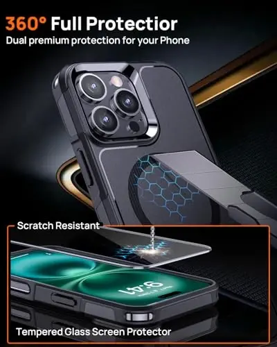 Чехол Lanhiem Magnetic для iPhone 16 Pro, с [2 шт. защитных экрана с защитой от подглядывания] [Совместимо с MagSafe], ударопрочный тяжелый защитный чехол военного класса для iPhone 16 Pro (черный) - 5