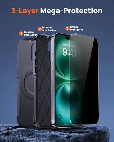 Чехол Lanhiem Magnetic для iPhone 16 Pro, с [2 шт. защитных экрана с защитой от подглядывания] [Совместимо с MagSafe], ударопрочный тяжелый защитный чехол военного класса для iPhone 16 Pro (черный) - 6