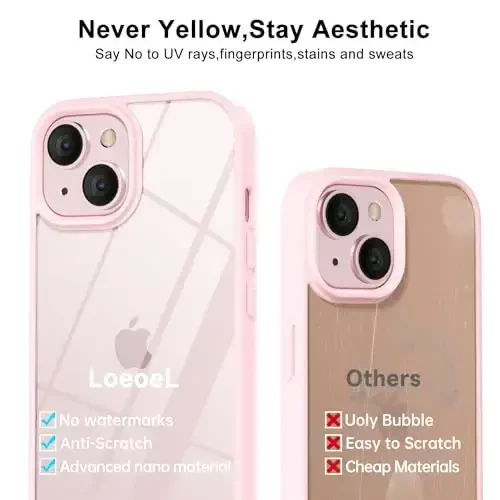 Чехол LoeoeL для iPhone 15 Plus прозрачный, прозрачный гибридный чехол для телефона 15 Plus [жесткий пластик и мягкий силиконовый бампер] акриловый не желтеющий тонкий тонкий защитный чехол, светло-розовый - 4