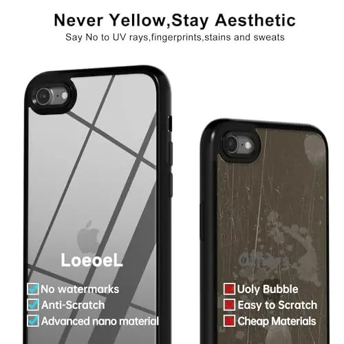 Чехол LoeoeL для iPhone SE 2022/2020/7/8, прозрачный гибридный чехол SE [жесткий пластик и мягкий силиконовый бампер], акриловая тонкая защитная крышка, не желтеющая, черная - 4
