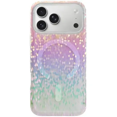 Чехол LONLI Hue для iPhone 17 Pro Max с магнитным кольцом — мерцающий «Призматический пиксельный конфетти», совместимый с Magsafe, милый эстетичный тонкий ударопрочный бампер, кристально чистый чехол для телефона для женщин и девочек (радужный) 