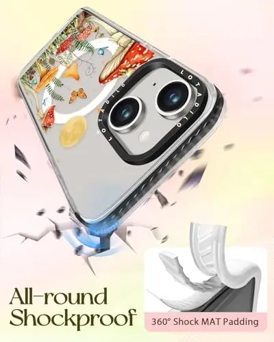 Чехол Lotadilo для iPhone 15 Plus для женщин - чехол Kawaii Design для девочек, совместимый с Magsafe, магнитный держатель, подставка, грибы, бабочки, эстетический девчачий чехол из ТПУ для 15 Plus - 1