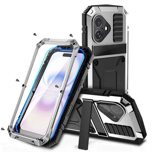 Чехол Lunivop для iPhone 17 6,3 дюйма, сверхпрочный, защищенный [алюминиевая подставка], военный стандарт, металл и резина [со встроенной защитой экрана и объектива камеры] (подходит для iPhone 17 6,3'' 2025), серебристый - 1