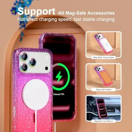Чехол Magnetic для iPhone 17 Pro с поддержкой MagSafe, милый блестящий женский чехол с защитой объектива камеры со стразами, защита от падений военного уровня 6.3