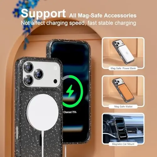 Чехол Magnetic для iPhone 17 Pro с поддержкой MagSafe, милый женский блестящий чехол с защитой объектива камеры из страз, армейская защита от падений 6.3